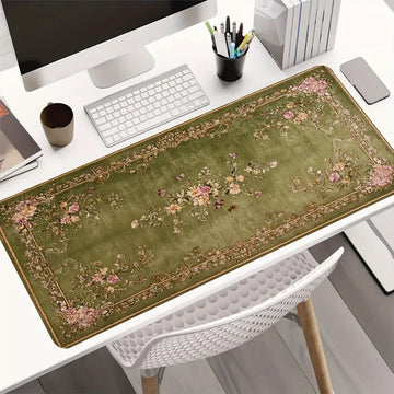 tapis vert olive fleurs roses blanches bordure dorée anti dérapant grande taille classique maison