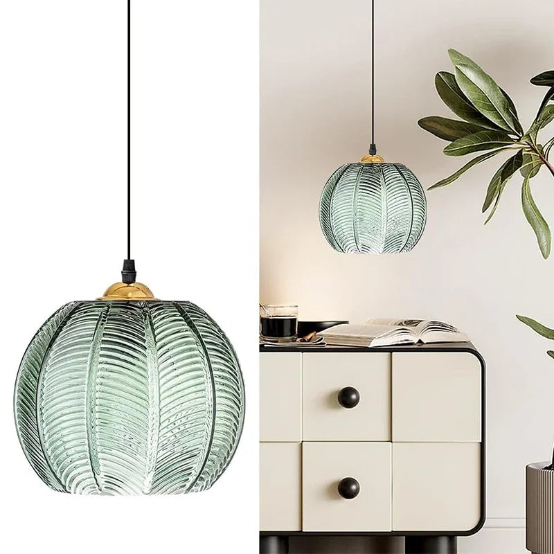 Suspension lumineuse moderne vert clair rayures verticales 15cm 20cm 24cm