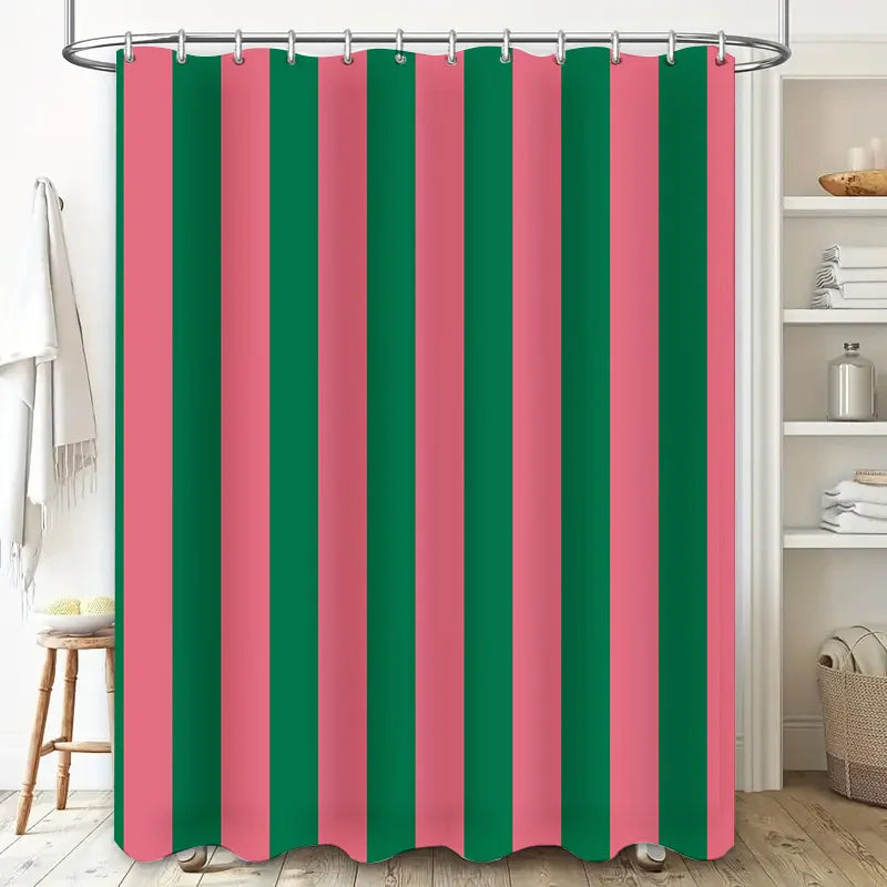 rideau douche moderne vert foncé rose rayures opacité imperméable tapis bain décoration chambre anneaux