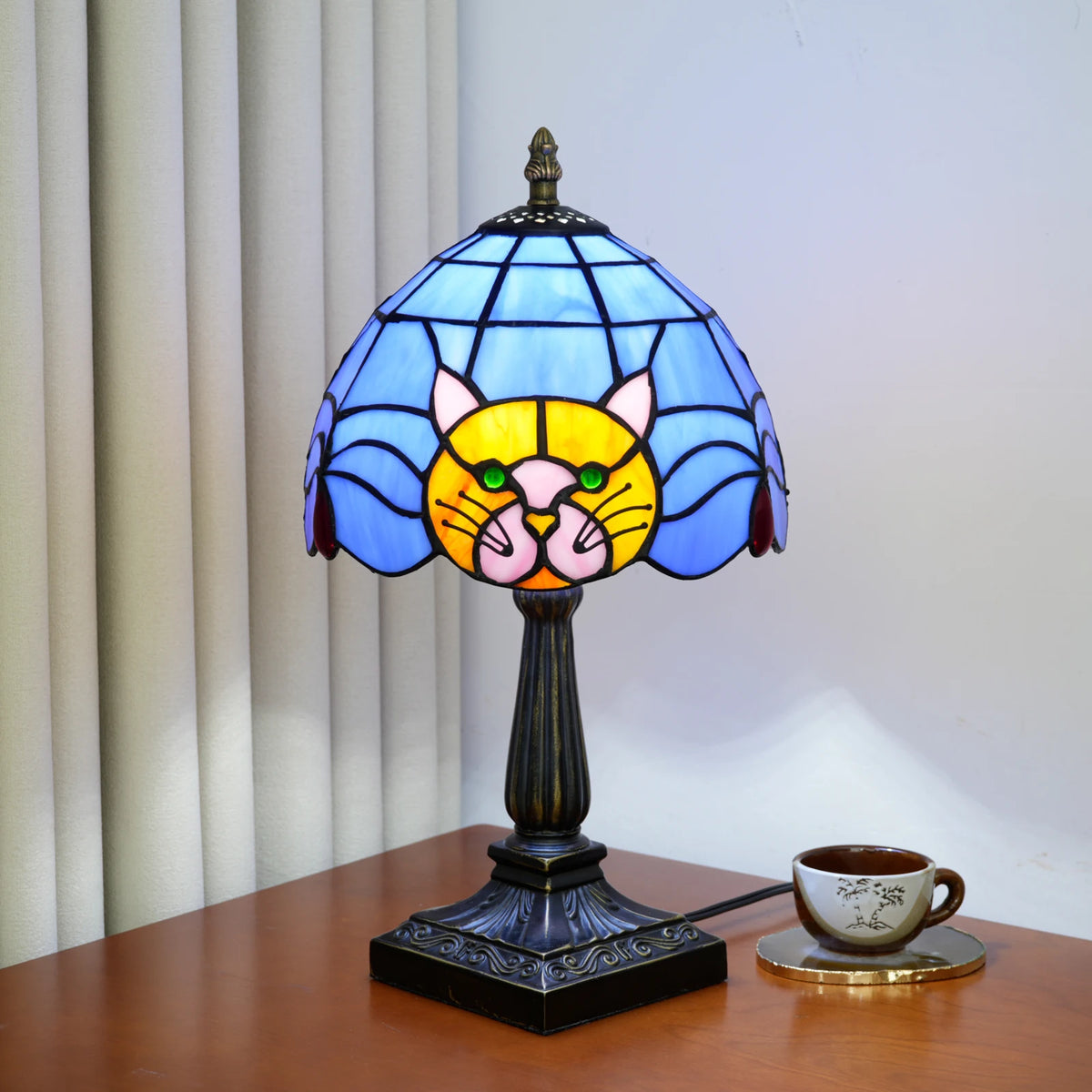 lampe table tiffany vitrail chat noir stained glass fixe base carrée