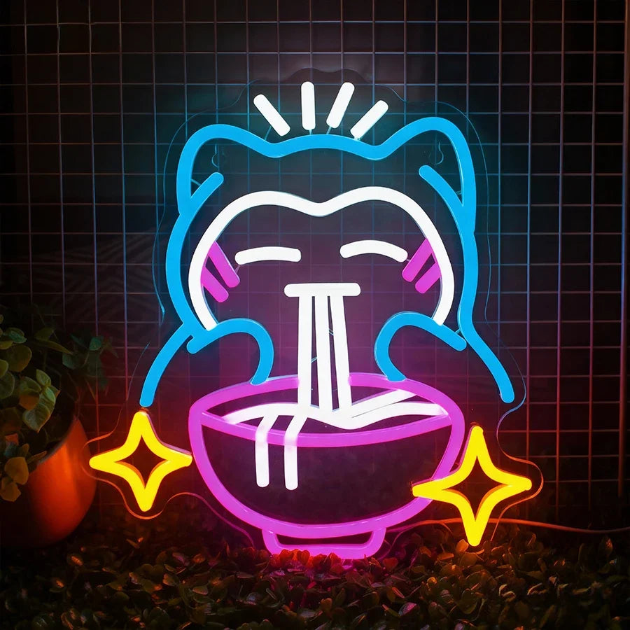 décoration murale néon chat nouilles ramen couleurs vives moderne suspension câbles usb