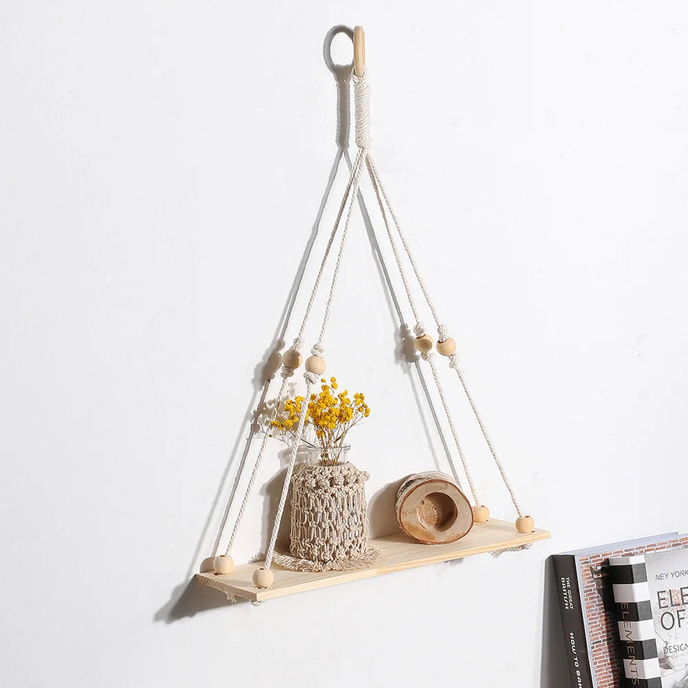 étagère suspendue macramé bois boho décor chambre salon nursery plantes anneaux métal