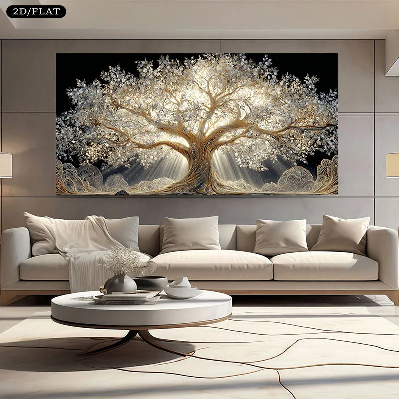 toile d'art contemporaine arbre doré lumière salon chambre vertical sans cadre
