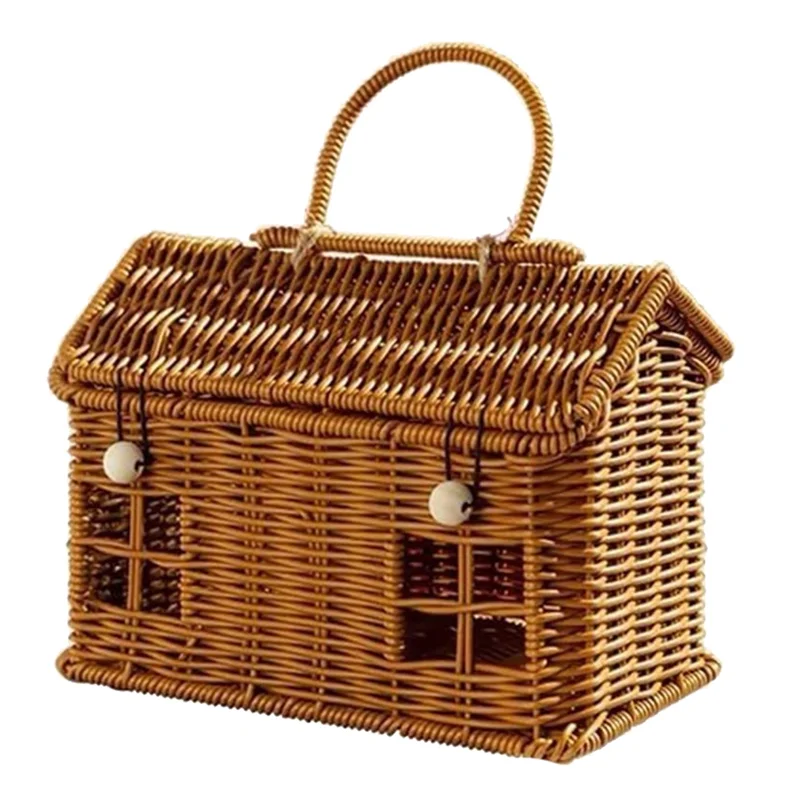 panier tressé forme maisonnette marron clair fenêtres ouvertes rustique anse transport éléments décor