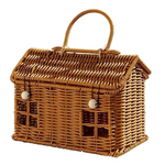 panier tressé forme maisonnette marron clair fenêtres ouvertes rustique anse transport éléments décor