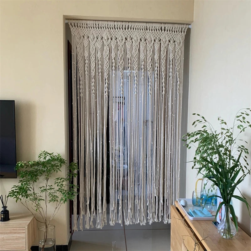 rideau macramé coton beige motifs géométriques boho opacité crochet artisanal decoration mur interieur