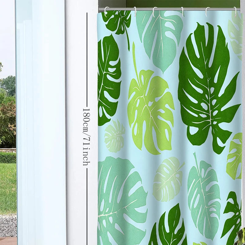 rideau douche feuilles tropicales vert bleu clair moderne anneaux suspension polyester opaque