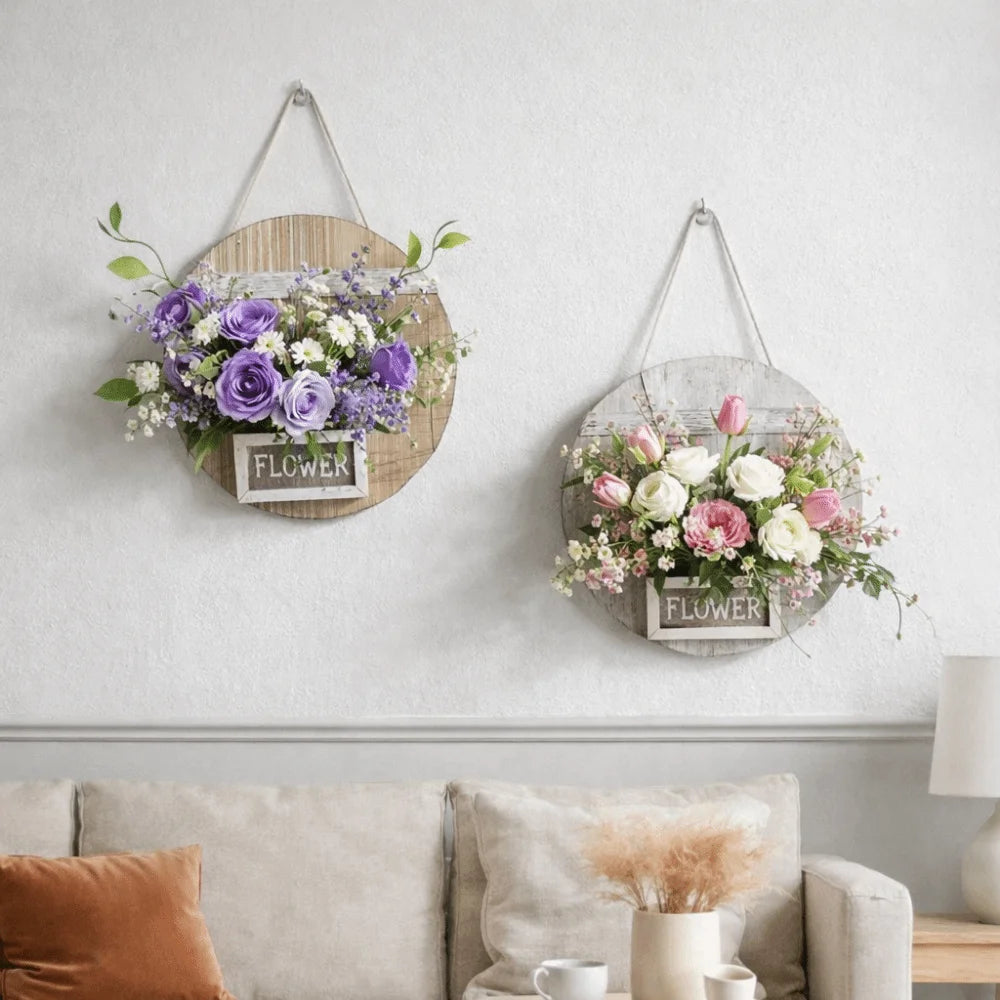 décoration murale suspendue bois blanc gris fleurs artificielles rustique chambre salon