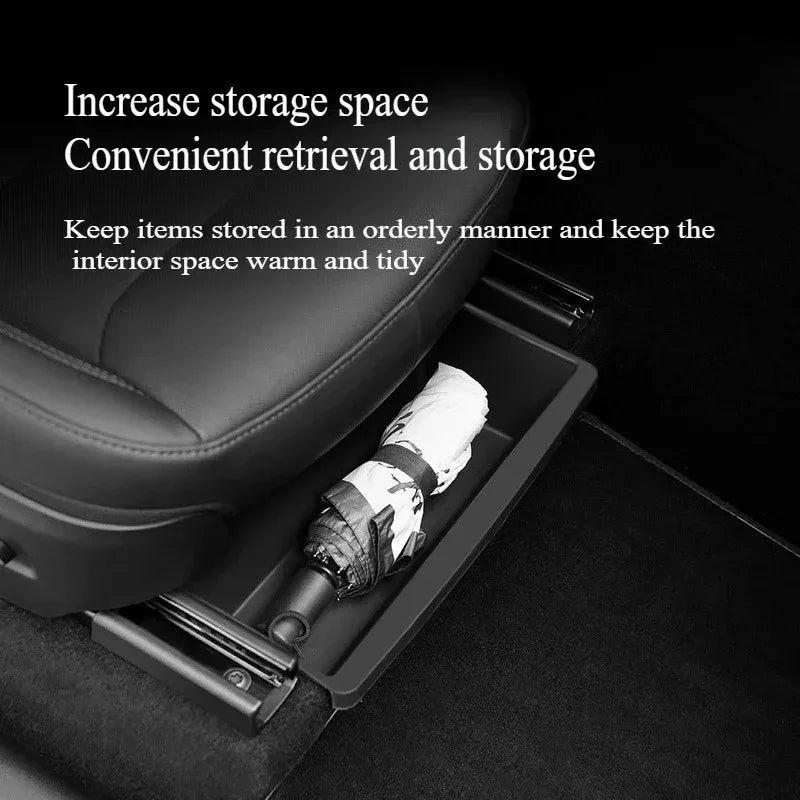 rangement sous siège voiture boîte rangement tpe noir minimaliste utilitaire fixe rails métalliques
