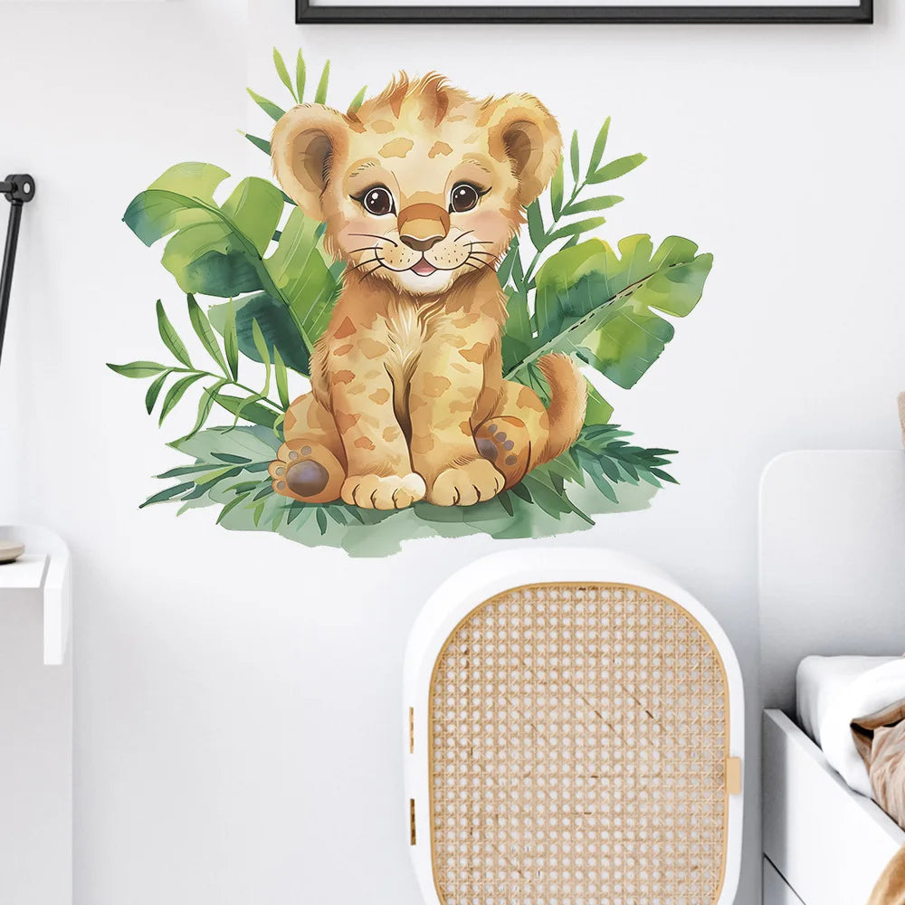 sticker mural lionceau illustration orange feuilles adhésif chambre enfants animal dessin animé pvc