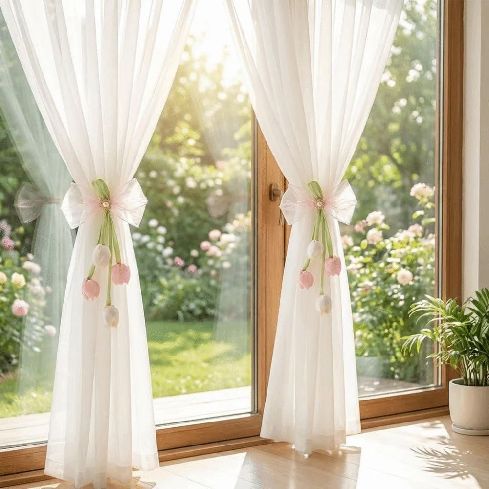 ruban fenêtre décoratif tulipes fleurs blanc vert bleu jaune rose fixe translucide polyester