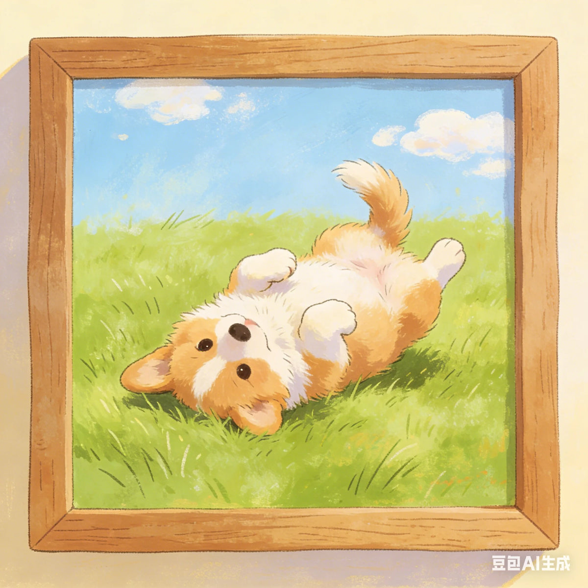 tableau paysage chien champ herbe réaliste couleur beige vert bleu blanc marron clair cadre