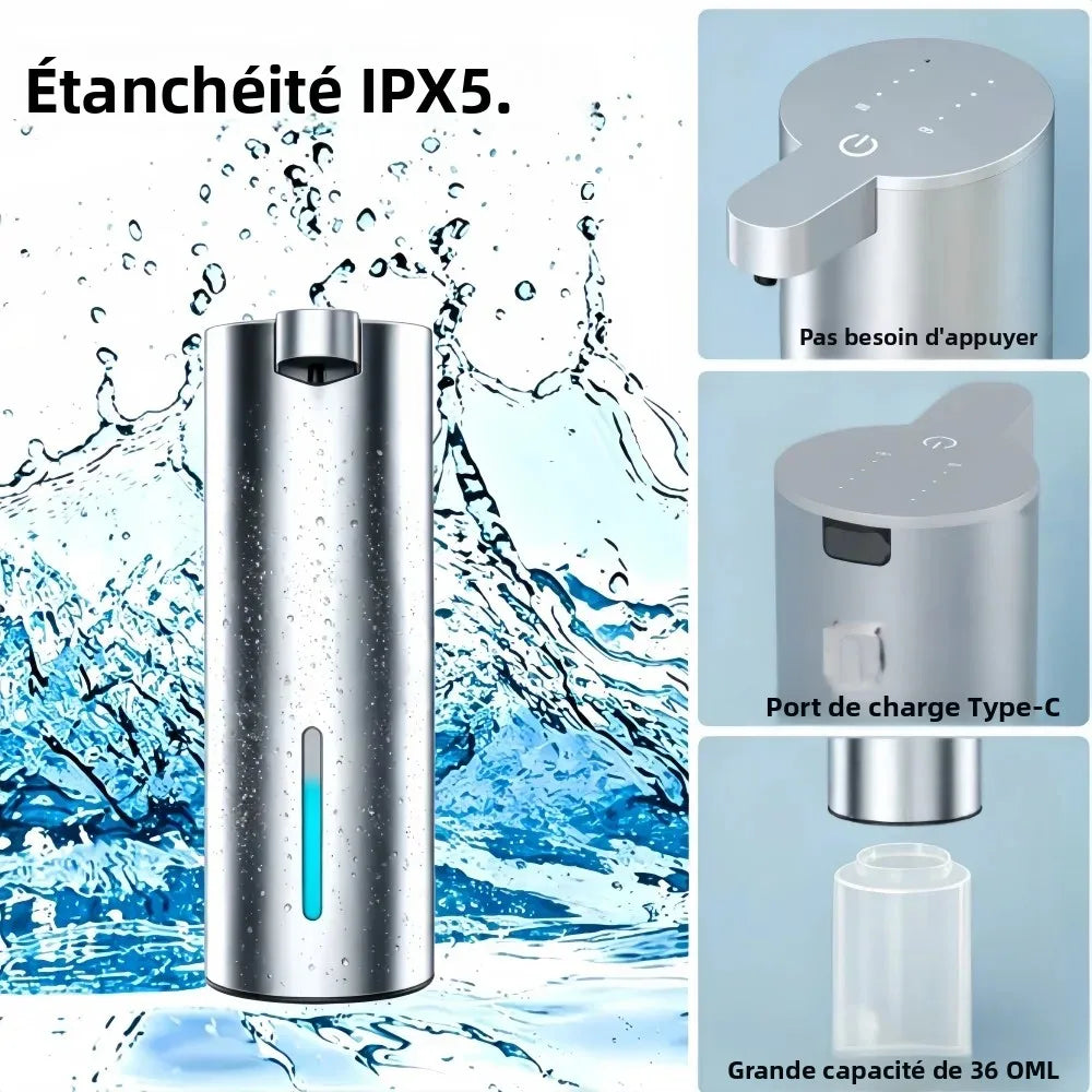 distributeur savon sans contact argenté mousse liquide detection infrarouge affichage batterie minimaliste moderne
