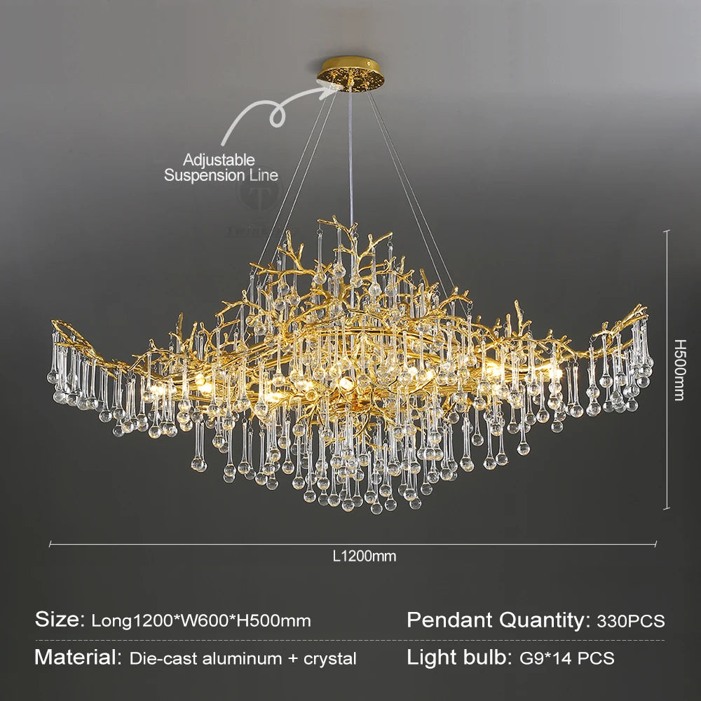 lampe suspendue or cristal moderne branches dorées pendeloques transparentes chambre salon