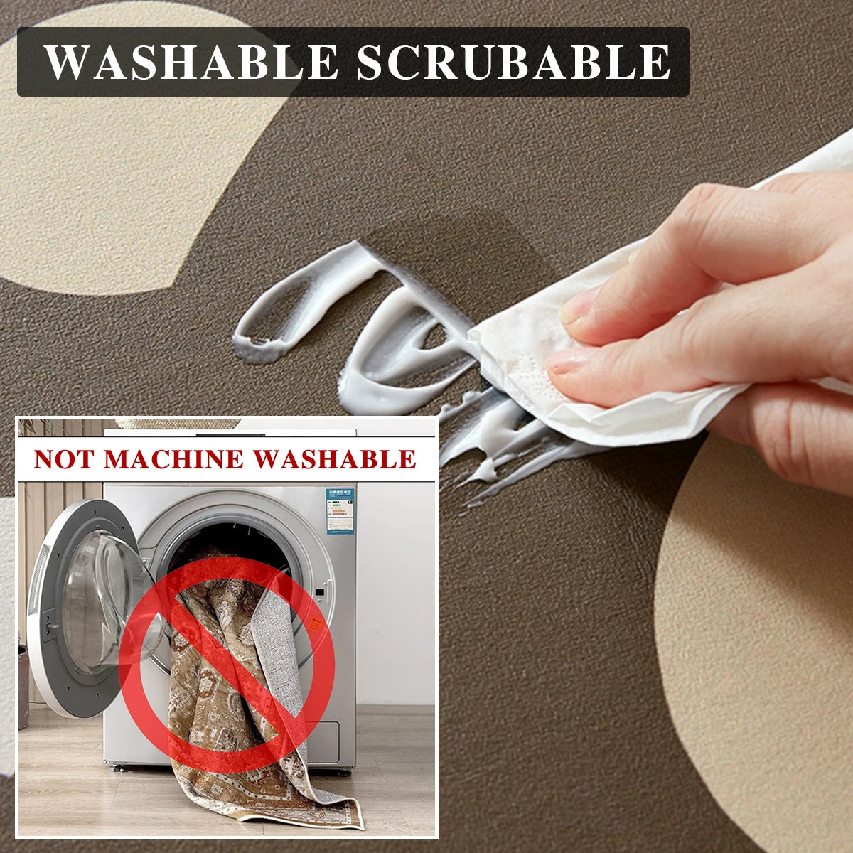 Affiche publicitaire montrant l'étiquette "Washable Scrubable" et une instruction interdisant le lavage en machine d'un vêtement.