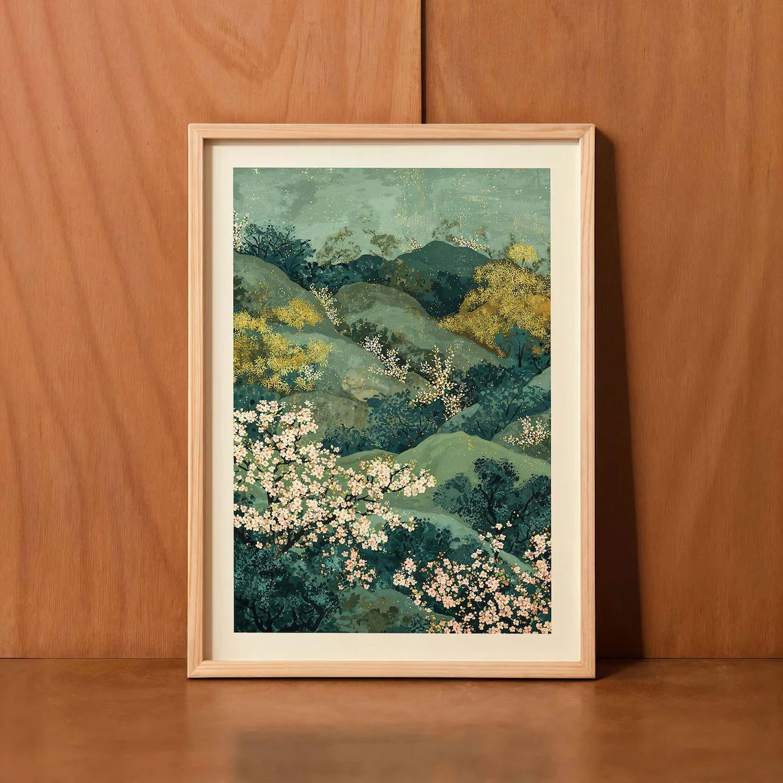 affiche paysagère artiste montagneuses fleurs blanches verte opaquement cadre bois chambre salon decoration vertical