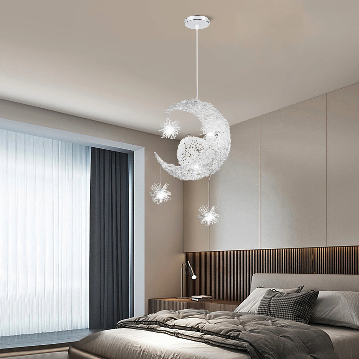 lampe suspendue moderne lune étoiles blanc doré salon chambre led