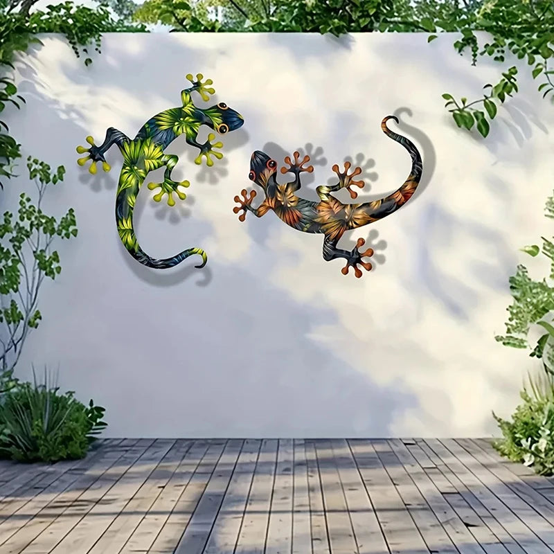 décoration murale lézard multicolore motif floral géométrique art contemporain métal