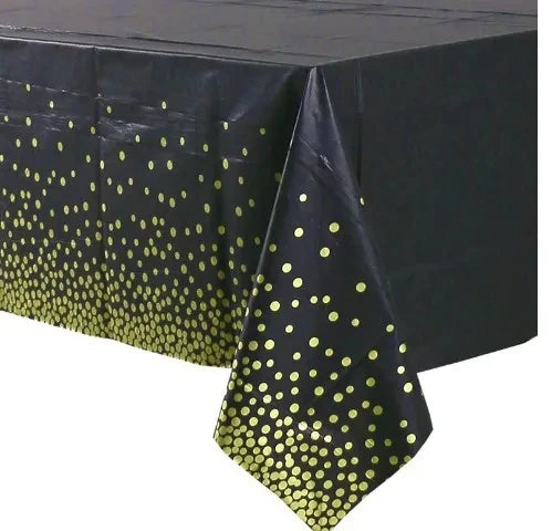 assiettes noires points dorés cuillères fourchettes couteaux gobelets serviettes tablecloth festif jetables moderne