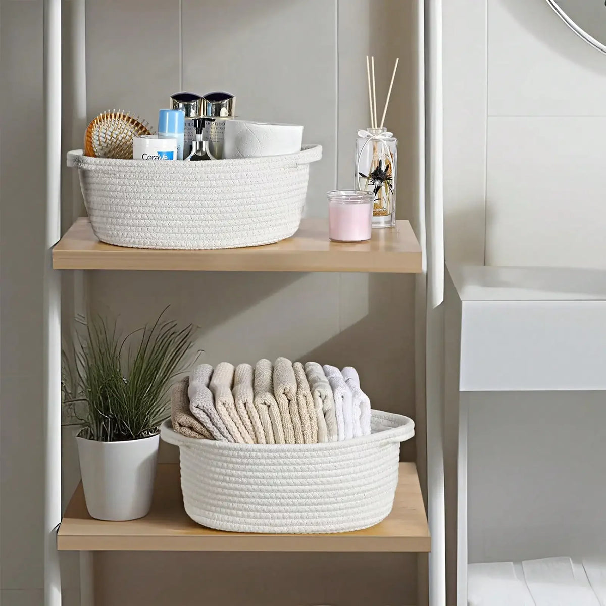 corbeille tissée blanche moderne poignées rangement décoration jouets animaux casa vases bougies
