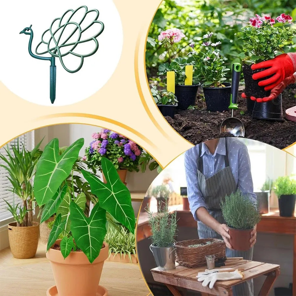 support plante oiseau stylisé vert métallique opacité totale jardinage piquée terreau fleurs roses blanches