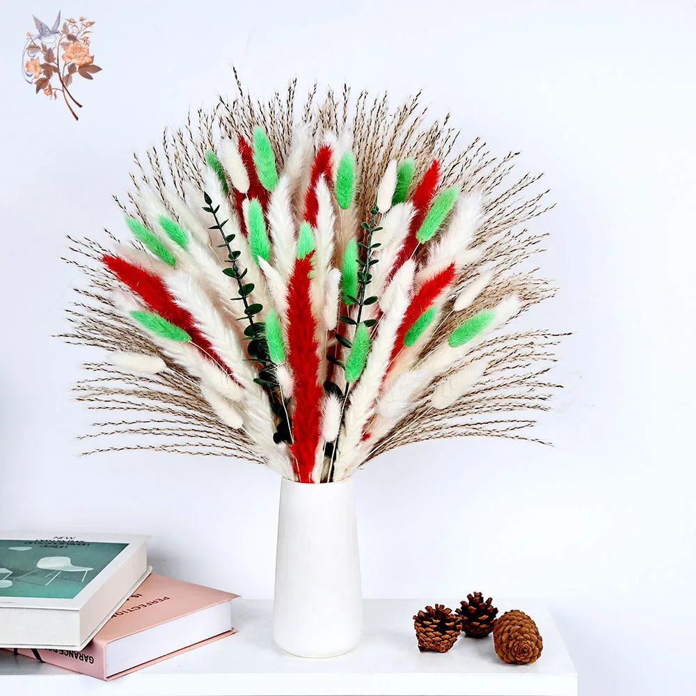 décoration boho bouquet pampas blanc rouge vert feuilles eucalyptus dried flowers intérieur anniversaire mariage