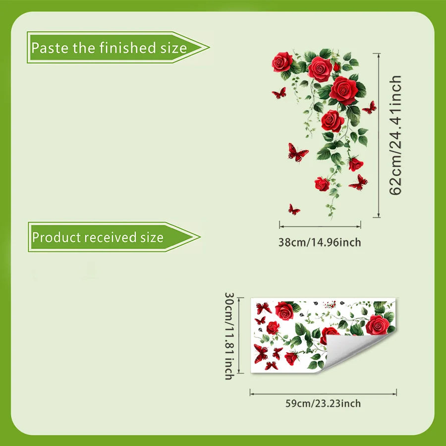 sticker mural floral roses feuilles papillons rouge vert blanc adhésif décoration intérieure chambre salon