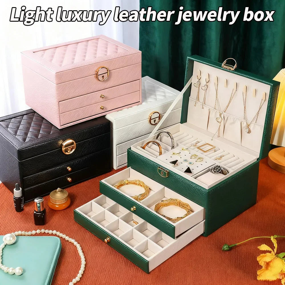 boîte bijoux cuir moderne blanc vert rose noir rangement épingles bracelets bagues colliers poignées