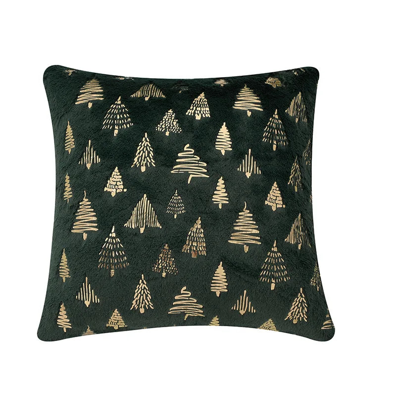 coussin peluche motif sapins dorés vert foncé festif 45x45cm