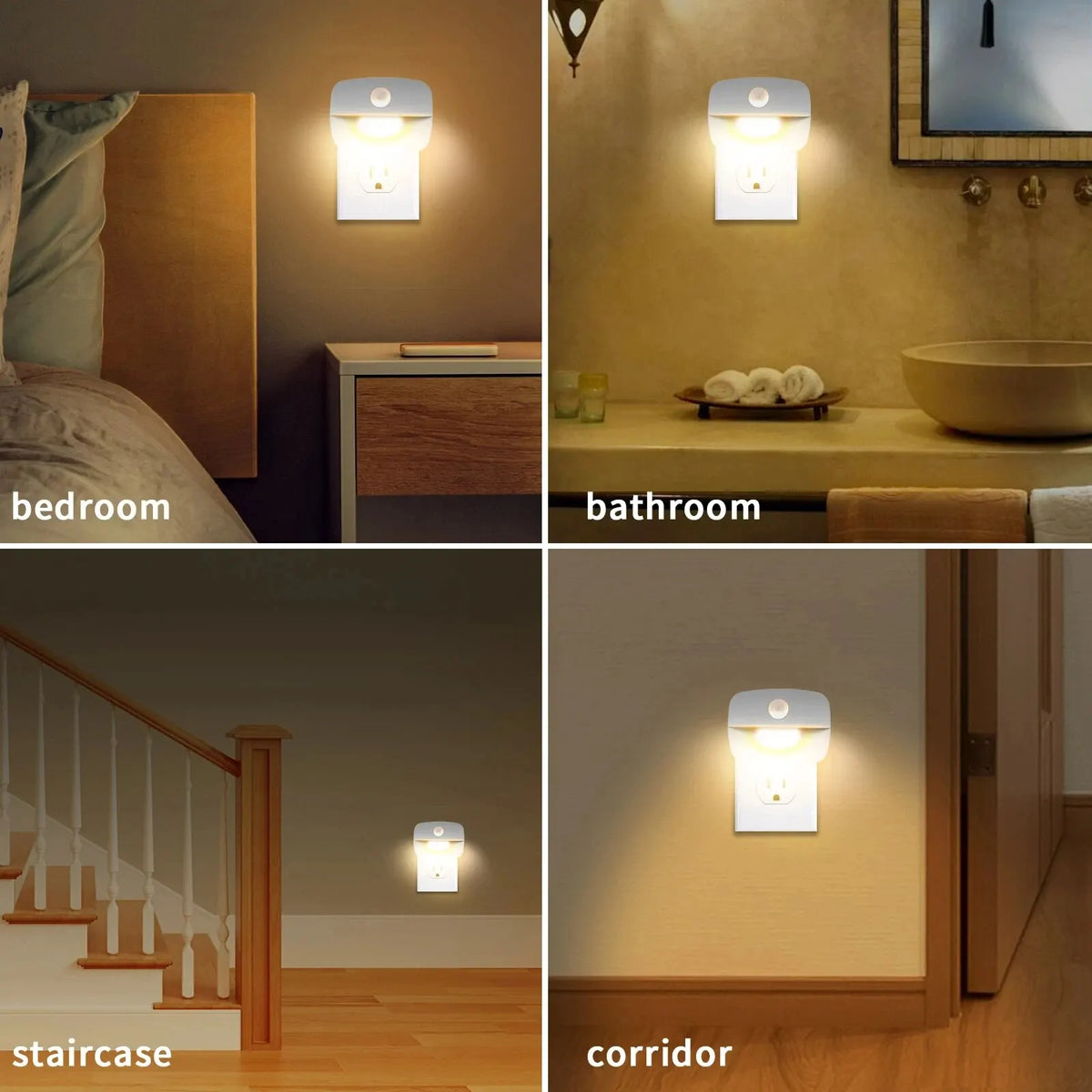 lampe nuit détecteur mouvement blanc moderne compact adhésif interrupteur manuel auto prise électrique