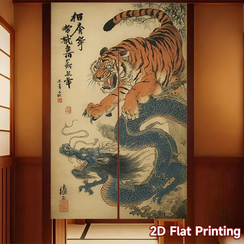 rideau japonais traditionnel noren motif tigre dragon calligraphie clips magnétiques orange noir cuisine maison