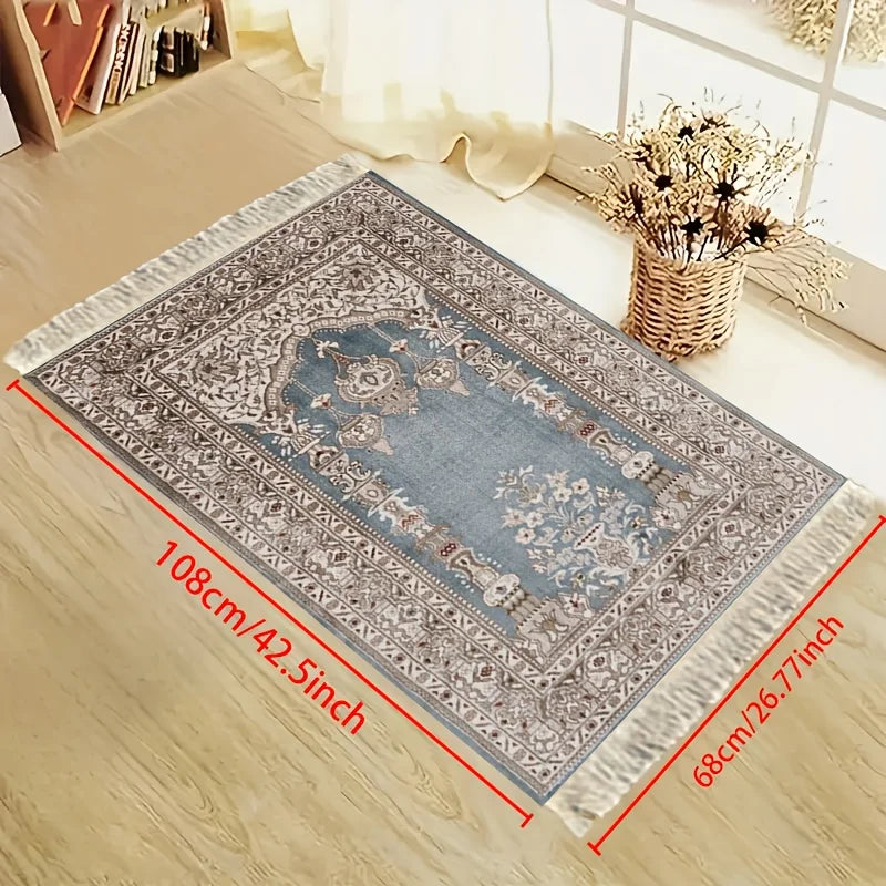 tapis prière islamique traditionnel bleu clair motifs floraux polyester lavable machine voyage usage intérieur
