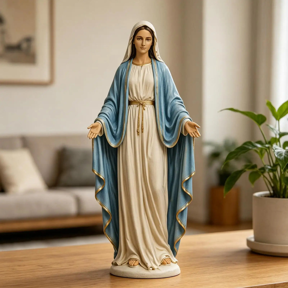 statue vierge marie résine blanche bleu or religieuse classique décoration autel église cathédrale salon