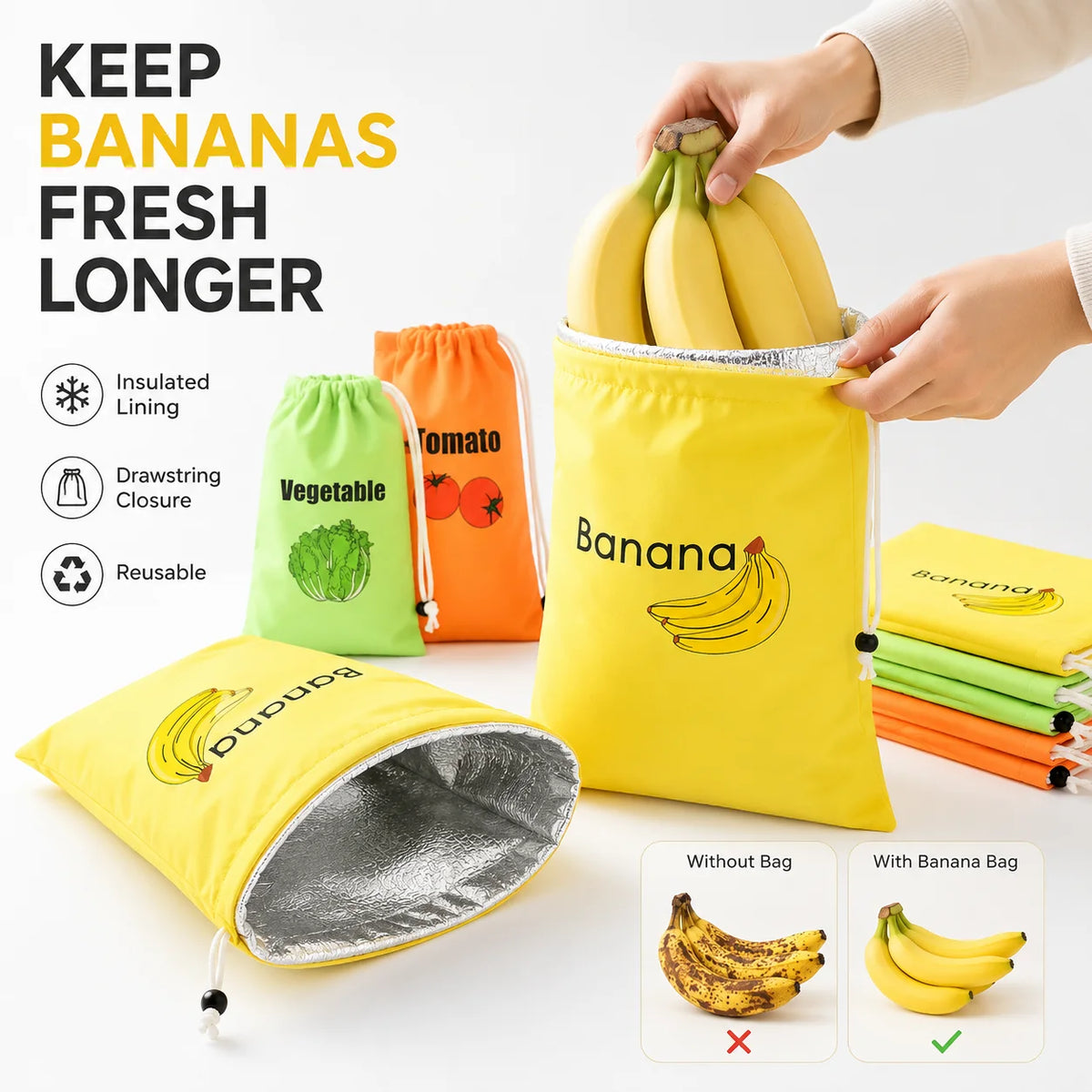 sac rangement fruits imprimé bananes légumes tomates jaune vert orange moderne pratique