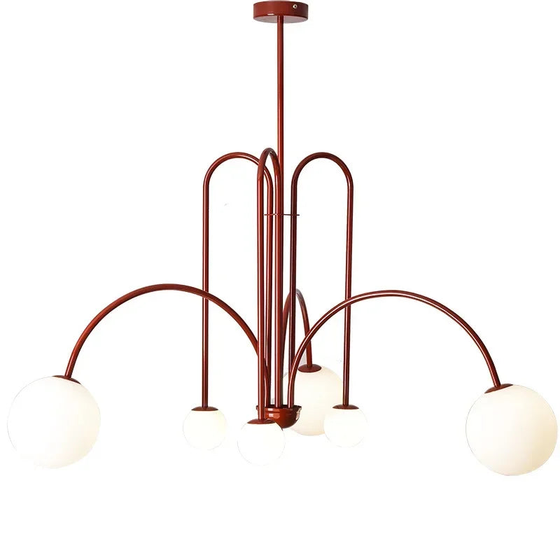 suspension lumineuse moderne sphères translucides structure métallique or rouge brun lumière led chambre salon