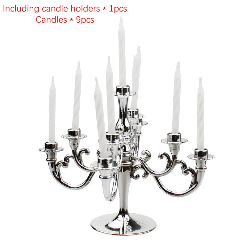 décoration anniversaire bougeoir or argent rose classique cinq branches tiges blanches base plate