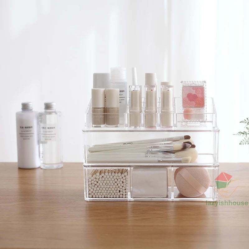 rangement cosmétique acrylique transparent moderne brosse maquillage coton tige poudre compacte crème visage vernis