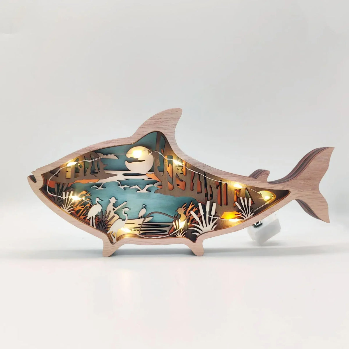 lampe décorative artisanale thème marin poissons étoiles mer coquillages lumière bois naturel bleu vert