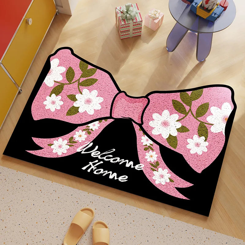 tapis sol d'entrée décoratif fleurs blanches motif welcome moderne intérieur extérieur maison