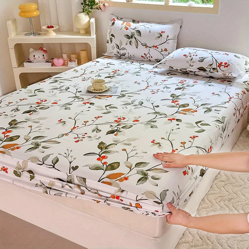 drap lit imprimé fleurs stylisées moderne blanc vert rouge beige confortable lit chambre coucher
