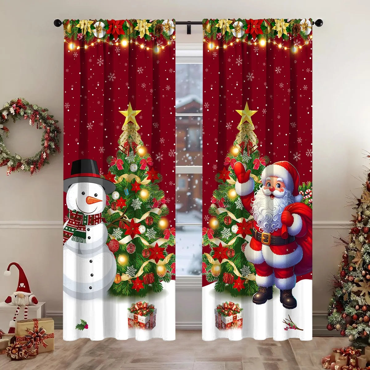 rideau noël rouge blanc santa clause arbre neige flocons guirlandes lumineuses anneaux métalliques polyester