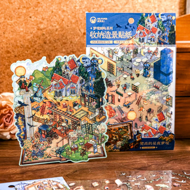 sticker vintage steampunk puzzle livre ouvert illustration détaillée personnages bâtiments floral multicolore enfants