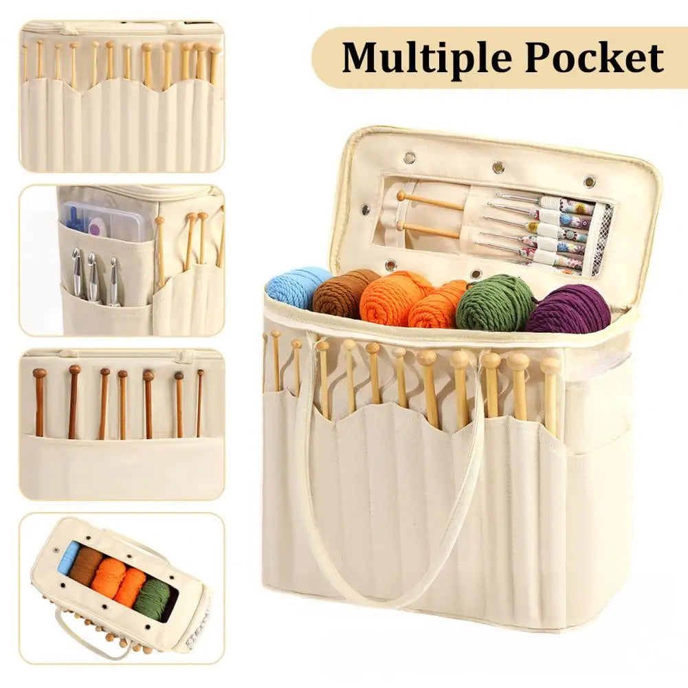 sac rangement tricot toile multiple poches organise fils pelotes aiguilles crochet accessoires couture pratique