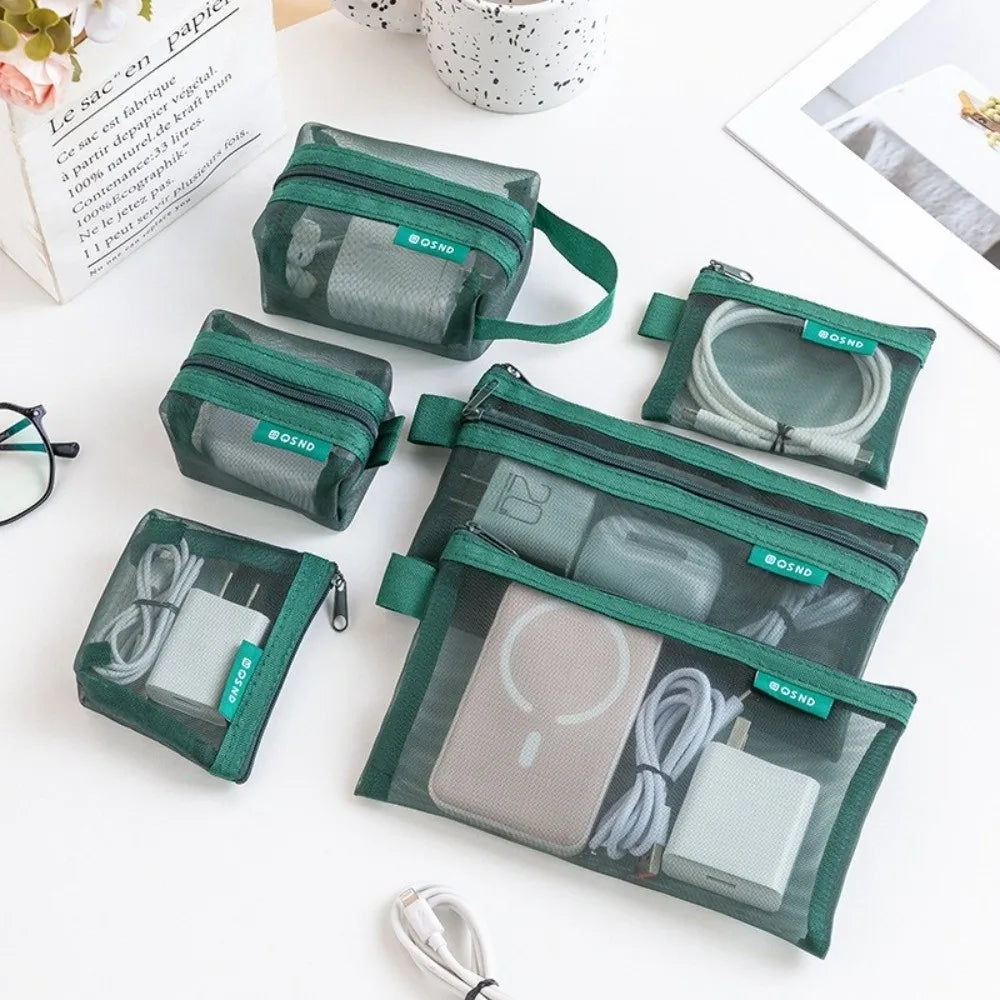 sac main vert maille moderne fermeture eclaire rangement chargeur cable boite données