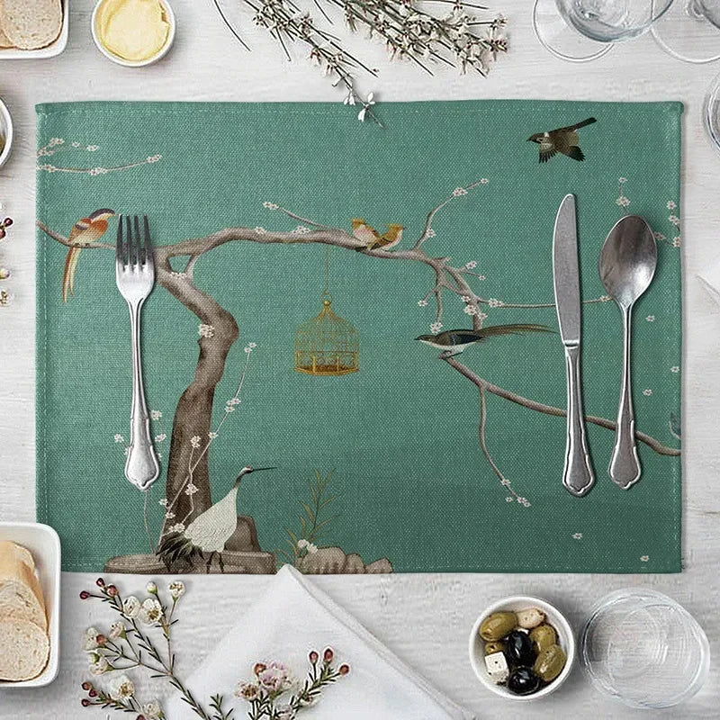 set table lin motif floral oiseaux vert beige blanc rose marron decoratif asiatique table