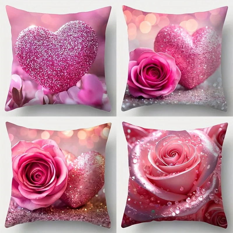housse coussin décorative rose pâle coeurs brillants motif floral romantique 45x45 cmversible opaques