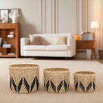 paniers rangement réutilisables fibre végétale couleur beige motif zigzag ethnique petit moyen grand