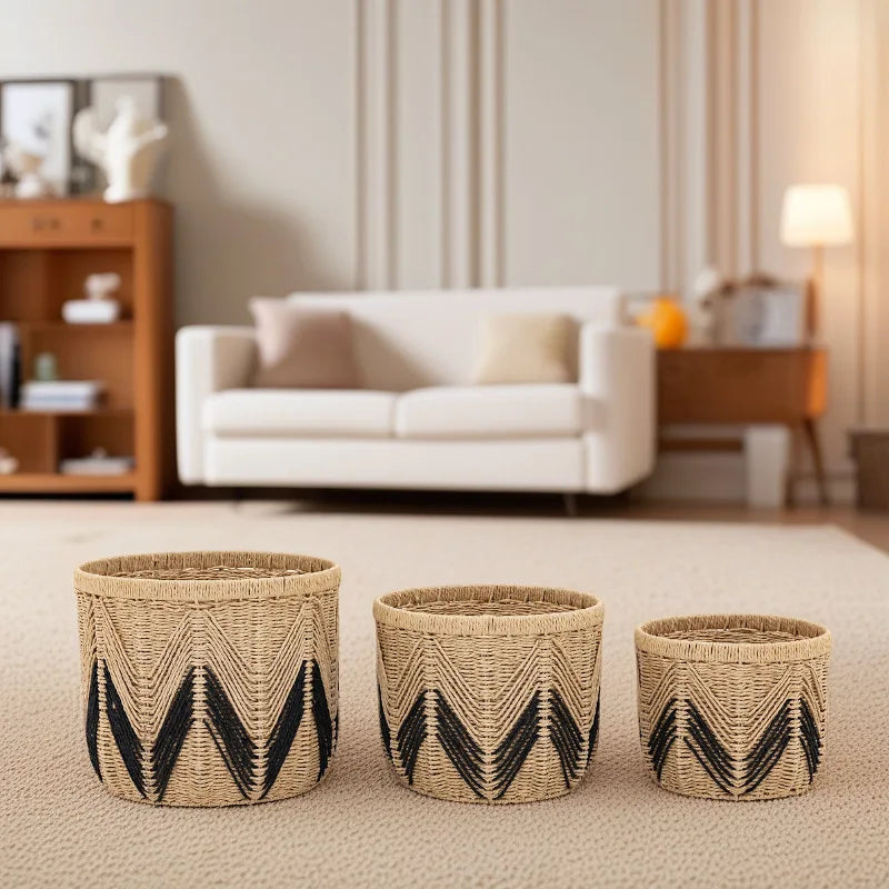 paniers rangement réutilisables fibre végétale couleur beige motif zigzag ethnique petit moyen grand