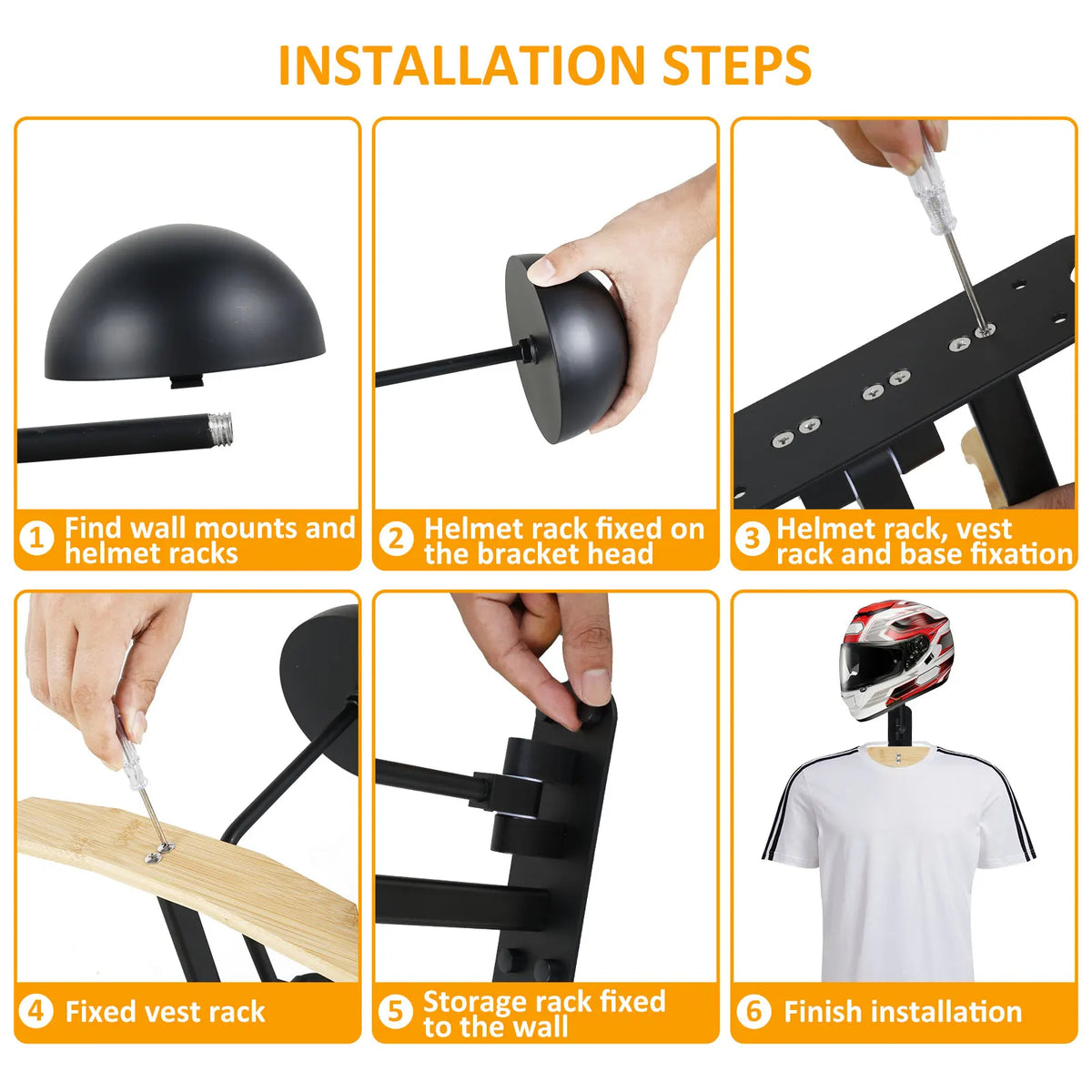 support rangement rotatif casque moto moderne vis écrous noir texture bois