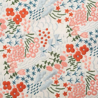 tissu brodé fleurs feuilles coton linge beige orange vert traditionnel antimicrobien respectueux environnement